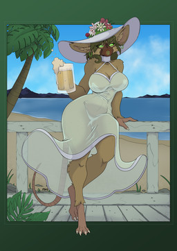 anthro barefoot beach beer_mug big_breasts breasts brown_body brown_fur clothing container cup dress ear_piercing ear_ring feet female fur gas_mask green_eyes hat headgear headwear holding_container holding_cup holding_mug holding_object looking_at_viewer mask mug palm_tree piercing plant ring_piercing solo sun_hat tail translucent translucent_clothing translucent_dress tree wearing_mask wide_hips yawg warhammer_(franchise) juggs_(yawg) mammal murid murine rat rodent skaven 2026 hi_res