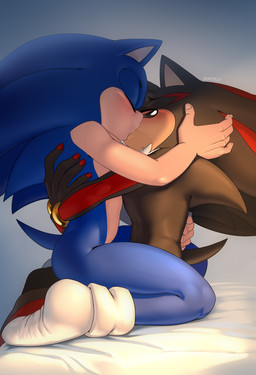 anthro anthro_on_anthro black_body blue_body blush clothing duo eyes_closed footwear footwear_only kiss_on_lips kissing male male/male mostly_nude multicolored_body nude red_body socks socks_only tan_body two_tone_body krazyelf sega sonic_the_hedgehog_(series) shadow_the_hedgehog sonic_the_hedgehog eulipotyphlan hedgehog mammal hi_res