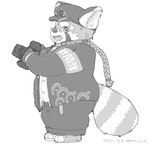 anthro biped bottomwear camera clothing hat headgear headwear humanoid_hands kemono male overweight overweight_male pants shirt simple_background solo topwear white_background moujya lifewonders tokyo_afterschool_summoners zhurong_(tas) ailurid mammal red_panda 2021 hi_res monochrome