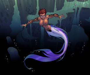 5_fingers areola arm_tattoo athletic athletic_female athletic_humanoid auburn_hair big_breasts bracelet breasts bubble countershade_scales countershade_tail countershading dark_body dark_skin detailed_background ear_piercing ear_ring exposure_variation eyebrows female female_humanoid fin fingers fish_tail genitals green_eyes hair iris jewelry legless logo looking_at_viewer mermaid_tail muscular muscular_female necklace nipples nude nude_female nude_humanoid piercing pupils purple_body purple_fin purple_scales purple_tail ring_piercing scales skinny_dipping smile smiling_at_viewer smirk smirking_at_viewer solo split_form tail tail_fin tattoo text underwater vulva water white_body white_scales juxtapex aquatic humanoid humanoid_merfolk merfolk artist_logo artist_name full-length_portrait portrait