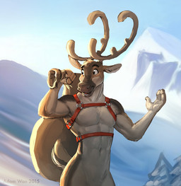 anthro antlers casual_nudity harness horn male mostly_nude navel nude outside plant sack snow solo tree zaush deer mammal new_world_deer reindeer 2015 digital_media_(artwork)