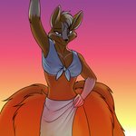 anthro black_nose breasts cleavage clothed clothing female fur midriff multi_tail orange_body orange_fur smile solo tail foxenawolf gluneria_fullin canid canine dreamspinner fox mammal 1:1