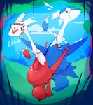 duo female feral floating generation_3_pokemon gesture hi_res latias latios legendary_pokemon male nintendo pokemon pokemon_(species) roksim sibling_(lore) sky waving waving_at_viewer