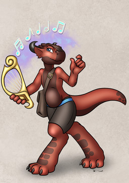 anthro bag black_body blue_eyes bottomwear claws clothed clothing digitigrade frill_(anatomy) harp holding_object horn looking_up magic magic_user male multicolored_body musical_instrument musical_note musical_symbol plucked_string_instrument red_body shorts simple_background slightly_chubby slightly_chubby_male solo string_instrument symbol toe_claws two_tone_body walking danaume kobold scalie hi_res