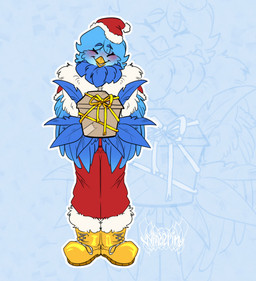 anthro beak blue_body blue_feathers blue_hair blush boots bottomwear christmas_clothing christmas_headwear clothed clothed_female clothing eyelashes eyes_closed feathers female fluffy footwear gesture gift hair happy hat headgear headwear holding_gift holding_object holidays looking_at_viewer neck_tuft open_beak open_mouth pants ribbons santa_hat shoes simple_background smile smiling_at_viewer solo standing topwear tuft wings winter_coat yellow_beak 0wandering0 christmas undertale_yellow martlet_(undertale_yellow) avian bird monster 2025 hi_res signature