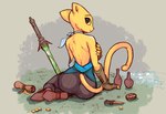 2016 5_fingers anthro big_butt biped butt clothed clothing coin damn_lasso_tool digital_media_(artwork) felid female fingers fur gold_(metal) grass katia_managan khajiit looking_at_viewer looking_back mammal melee_weapon microsoft plant prequel_adventure sitting solo sword the_elder_scrolls weapon yellow_body yellow_fur