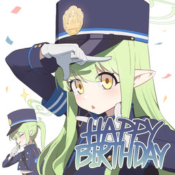 arms_bent belt birthday blue_clothing blue_hat blue_headwear blue_shirt blue_topwear blush clothing ear_piercing ear_ring female gloves green_hair hair hair_between_eyes halo handwear hat headgear headwear long_hair one_eye_closed open_mouth piercing pigtails pointy_ears pose posing_for_picture prick_ears ring_piercing shirt simple_background sparkles topwear white_background white_clothing white_gloves white_handwear yellow_eyes young young_female young_humanoid rmflawkdtn blue_archive nexon hikari_(blue_archive) nozomi_(blue_archive) demon demon_humanoid humanoid hi_res