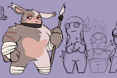 3_fingers anthro arm_scar bandage bandaged_arm bandaged_leg black_collar blush blush_lines brown_eyelids chest_tuft closed_frown clothed clothed_anthro clothed_male clothing collar dot_eyes ears_down eye_scar eyewear facial_scar featureless_legs fingers freckled_shoulders freckles front_view frown fur grey_body grey_fur group half-closed_eyes hand_pawpads handwear headgear headkerchief headwear holding_melee_weapon holding_object holding_polearm holding_spear holding_weapon kerchief larger_anthro larger_male long_ears male melee_weapon mittens mouth_closed multicolored_body multicolored_fur muscular muscular_anthro muscular_male narrowed_eyes neckerchief neckwear noseless pivoted_ears polearm purple_background purple_eyes scar simple_background simple_eyes size_difference smaller_anthro smaller_male spear standing sunglasses tan_body tan_inner_ear tan_skin three-quarter_view tuft two_tone_body two_tone_fur weapon white_body white_fur critterzone13 raving_rabbids rayman_(series) ubisoft collar_(critterzone13) fan_character lemon_(critterzone13) lagomorph mammal rabbid 2023 digital_drawing_(artwork) digital_media_(artwork) english_description flat_colors sketch
