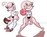 anthro blue_eyes blush bodily_fluids breasts clothed clothing duo female hair looking_at_viewer open_mouth pink_body pink_hair shirt simple_background smile sportswear sweat text thick_thighs topwear wide_hips diicks nintendo pokemon ancient_pokemon generation_1_pokemon generation_9_pokemon jigglypuff paradox_pokemon pokemon_(species) scream_tail digital_media_(artwork) english_text hi_res shaded