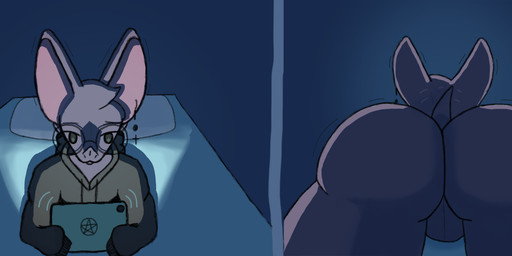 anthro backsack balls bed big_butt big_ears butt ear_piercing ear_ring eyewear furniture genitals glasses male piercing pillow presenting presenting_hindquarters purple_body rear_view ring_piercing shadow solo tablet tail tail_motion tailwag pokipose poki_(pokipose) bat mammal hi_res