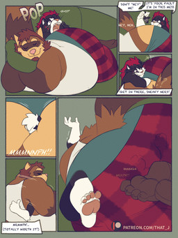 4_fingers 4_toes 6_panel_comic armpit_sniffing big_butt buried butt butt_focus clothed clothing dialogue dominant entrapment face_in_ass feet fingers flannel forced furniture gasp gesture gloves_(marking) hand_gesture huge_butt leg_markings linked_speech_bubble male male/male markings micro muffled obese oblivious overweight patreon_logo revenge sagging_pants shove size_difference sleeping smothering sniffing socks_(marking) sofa speech_bubble squish tail text thumbs_up toes underwear vowelless vowelless_vocalization whiskers that_j patreon bear canid canine giant_panda hybrid mammal mephitid procyonid raccoon raccoon_dog skunk tanuki 3:4 absurd_res comic english_text hi_res url