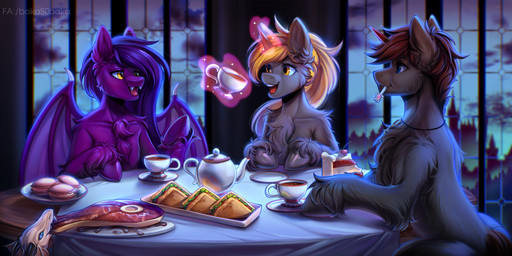 beef beverage blonde_hair blue_eyes brown_hair cake castle chest_tuft container cookie cup cutlery dessert fangs female feral fluffy fluffy_ears food fur furniture grey_body grey_fur group hair hooves horn jewelry kitchen_utensils macaron_(food) magic magic_user male mane meat necklace night purple_body purple_fur purple_hair raised_hoof sandwich_(food) spoon spoon_in_mouth steak steak_in_mouth table tea tea_cup tea_party teapot teeth tools trio tuft tufted_fur window wings yellow_eyes bakas0baka hasbro my_little_pony mythology bat_pony dragon equid equine horse mammal mythological_creature mythological_equine mythological_scalie pony scalie unicorn hi_res