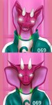 clothing ears_outwards female glowing glowing_eyes glowing_markings horn looking_at_viewer markings pink_body pink_scales pivoted_ears scales simple_background snake_hood solo white_eyes tora_kasai squid_game ti-julie_(puroslavking) cobra mammal reptile scalie snake absurd_res hi_res meme