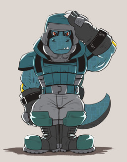 anthro armor biceps boots claws clothing footwear gesture headgear helmet male mask military muscular muscular_anthro muscular_male salute shoes soldier solo warrior alternatehef bandai_namco digimon commandramon digimon_(species) scalie hi_res