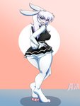 3:4 absurd_res anthro anus ava_lugg buckteeth butt clothed clothing dress eyeliner feet female genitals hair hare hi_res lagomorph leporid maid_uniform makeup mammal marilyn_e no_underwear paws purple_eyes pussy simple_background smile solo teeth toes uniform upskirt white_body white_hair