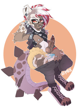animal_genitalia anthro bar_emanata bodily_fluids clothed clothing creature_print diaper emanata erection eyewear facial_piercing fur genital_fluids genitals glasses hair heart_print looking_at_viewer male nose_piercing nose_ring pattern_clothing pattern_shirt pattern_topwear penis piercing precum print_clothing print_shirt print_topwear red_eyes ring ring_piercing shirt simple_background solo spikes studs text text_on_clothing text_on_shirt text_on_topwear tongue topwear wearing_diaper seamen mange_stinkyspots hyena mammal 2020 digital_media_(artwork) japanese_text translated