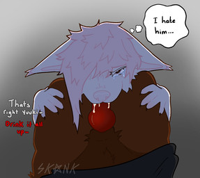 ambiguous_focus ambiguous_gender animal_genitalia anthro blush bodily_fluids brown_body brown_fur canine_genitalia clothing crying cum cum_inside duo emo_haircut erection forced forced_oral fur genital_fluids genitals hair knot knotted_penis looking_at_viewer male male/ambiguous oral penis penis_in_mouth pink_hair rape sex simple_background solo_focus tears text thighs_together young young_anthro prittstix yuuki_(prittstix) zander_(prittstix) canid canine canis hybrid mammal wolf digital_media_(artwork) hi_res