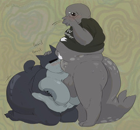 3_toes abstract_background anthro areola back_rolls balls belly belly_on_head big_areola big_balls big_belly big_breasts big_butt big_penis black_claws black_clothing black_eyebrows black_eyes black_shirt black_t-shirt black_topwear blush blush_lines bodily_fluids bottomless bottomless_anthro bottomless_male breasts butt claws clothed clothing duo empty_eyes eyebrows eyewear feet fellatio female female_penetrated fur genitals glasses glistening glistening_butt green_background grey_areola grey_body grey_fur grey_spots hand_on_head hand_on_mouth hand_on_own_mouth holding_breast huge_balls huge_breasts huge_butt huge_penis hyper hyper_butt kneeling long_tail looking_aside male male/female markings moobs navel oral oral_penetration overweight overweight_anthro overweight_female overweight_male paws penetration penile penis penis_in_mouth pink_blush pointy_ears pubes saggy_balls saliva saliva_on_face saliva_on_penis sex shirt short_tail simple_background spots spotted_belly spotted_body spotted_markings spotted_tail standing sweat sweatdrop sweaty_butt sweaty_face t-shirt tail tail_markings text text_on_clothing text_on_shirt text_on_topwear thick_tail thick_thighs thrusting_sound_effect toes topwear wearing_glasses whiskers white_eyebrows white_eyes white_pubes x_navel tnfdarent mewgenics guillotina_(mewgenics) aquatic domestic_cat felid feline felis mammal pinniped seal 2026 artist_name digital_drawing_(artwork) digital_media_(artwork) english_text watermark