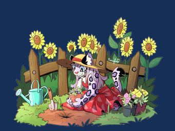 anthro clothing dress female fence flower garden gardening hat headgear headwear plant simple_background sun_hat sunflower transparent_background watering_can furufoo felid mammal pantherine tiger 4:3 alpha_channel hi_res