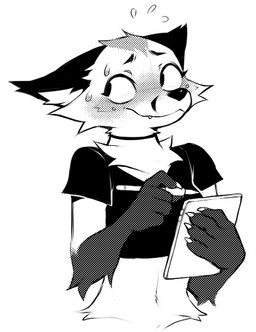 anthro arm_tuft bodily_fluids breasts cheek_piercing cheek_tuft elbow_tuft facial_tuft fangs female fur gloves_(marking) head_tuft holding_object markings midriff navel neck_tuft pen piercing smile solo sweat sweatdrop tablet teeth tuft falvie the_fox_(falvie) canid canine fox mammal 2020 digital_media_(artwork) dithering half-length_portrait monochrome portrait screentone