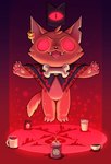 anthro beverage bone chibi clothing coffee coffee_cup coffee_mug container cult cultist cup ear_piercing ear_ring fangs female fur gradient_background hovering occult_symbol orange_body orange_fur paws pentagram piercing poncho red_background red_eyes ring_piercing ritual simple_background solo symbol teeth buffpup_(artist) cult_of_the_lamb massive_monster_(studio) vchiban vtuber buffpup red_crown_(cult_of_the_lamb) canid canine canis domestic_dog mammal absurd_res hi_res