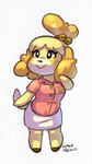 anthro blonde_hair blush bottomwear clothed clothing female fur hair pink_clothing pink_shirt pink_topwear shirt simple_background skirt smile solo tail topwear white_background white_bottomwear white_clothing white_skirt yellow_body yellow_fur captain_molasses animal_crossing nintendo isabelle_(animal_crossing) canid canine canis domestic_dog mammal shih_tzu toy_dog 2023 hi_res