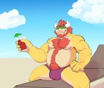 2_horns anthro beach beard belly body_hair bulge clothing facial_hair horn male musclegut muscular muscular_anthro muscular_male nipples seaside solo speedo straddling swimwear strawberry_saal bowser_day mario_bros nintendo bowser koopa reptile scalie hi_res