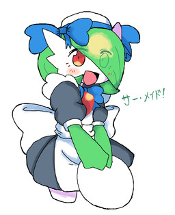 clothing female hair hair_over_eye hat headgear headwear humanoid_pointy_ears looking_at_viewer maid_uniform not_furry open_mouth open_smile pointy_ears simple_background smile solo text uniform white_background melfunnysmell nintendo pokemon gardevoir generation_3_pokemon humanoid pokemon_(species) hi_res japanese_text translated