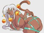 animal_tail big_breasts big_butt blush blush_lines breasts brown_body brown_fur butt dark_body dark_skin dragon_ball_(object) eyelashes eyeshadow female fur green_eyeshadow green_ribbon grey_background grey_hair hair huge_breasts huge_butt lying makeup navel nude on_side purple_eyes simple_background solo tail thick_thighs wide_hips theprincesskari dragon_ball fan_character humanoid saiyan tailed_humanoid