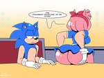 anthro big_butt biped blue_clothing blue_dress breasts butt clothed clothing dialogue dress duo female hair holding_butt looking_at_butt male no_underwear pink_body pink_hair pupils speech_bubble text thick_thighs ineptoutcast_(artist) sega sonic_the_hedgehog_(series) amy_rose sonic_the_hedgehog eulipotyphlan hedgehog mammal hi_res