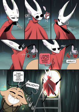 2_horns 6_panel_comic anthro biped black_body black_eyes black_text clenched_teeth cloak clothed clothing dialogue duo ellipsis exclamation_point eyebrows eyelashes eyes_closed female fingers fur horn male melee_weapon motion_lines open_mouth open_smile pupils question_mark red_cloak red_clothing smile sound_effects sparkles speech_bubble standing talking_to_another teeth text thinking weapon weapon_on_back white_pupils white_text vale-city hollow_knight:_silksong hollow_knight_(franchise) team_cherry hornet_(hollow_knight) kratt_(hollow_knight:_silksong) arthropod 2026 absurd_res comic english_text hi_res