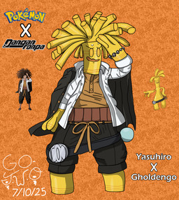 clothing fortune_teller gold_(metal) male nervous nervous_smile solo yellow_body yellow_eyes go-two danganronpa danganronpa:_trigger_happy_havoc nintendo pokemon spike_chunsoft yasuhiro_hagakure generation_9_pokemon gholdengo humanoid pokemon_(species) absurd_res hi_res