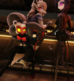 anthro bar big_butt butt butt_grab butt_size_difference cartoon_freckles clothed clothing eyelashes eyeshadow facial_tuft female fishnet_clothing fishnet_legwear freckled_face freckles group hand_on_butt head_on_butt holding_butt horn legwear long_eyelashes makeup male piercing pink_sclera purple_eyeshadow red_body red_sclera sitting sitting_on_another spade_tail tail talking_to_another text trio tuft wide_hips yellow_sclera vllrukkin aeridiccore_(modeler) captainflapcats_(rigger) valorlynz_(modeler) vulgarvictor_(modeler) hellaverse helluva_boss mythology loona_(helluva_boss) moxxie_(helluva_boss) octavia_(helluva_boss) avian bird canid canid_demon canine demon hellhound humanoid imp mammal mythological_canine mythological_creature owl owl_demon 3d_(artwork) blender_(artwork) digital_media_(artwork) english_text hi_res