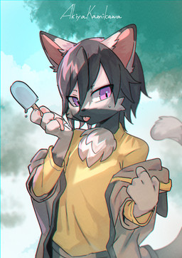 4_fingers anthro biped black_body black_hair cheek_tuft clothed clothed_anthro clothed_male clothing dipstick_ears ear_markings eye_through_hair facial_tuft fingers food front_view hair hand_pawpads holding_food holding_object holding_popsicle jacket looking_aside male male_anthro multicolored_body multicolored_ears neck_tuft off_shoulder pawpads pink_inner_ear pink_pawpads popsicle popsicle_melting purple_eyes ruff shirt solo standing t-shirt tail tongue tongue_out topwear translucent translucent_hair tuft two_tone_body white_body akiya_kamikawa domestic_cat felid feline felis mammal 2023 half-length_portrait hi_res portrait signature