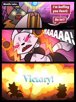 anthro big_breasts breasts dagger dialogue dual_wielding duo explosion fangs female fur gameplay_mechanics glowing glowing_eyes grey_body grey_fur half-closed_eyes holding_dagger holding_melee_weapon holding_object holding_staff holding_weapon male melee_weapon narrowed_eyes open_mouth pink_inner_ear raining raised_staff red_eyes sharp_teeth speech_bubble staff teeth text weapon white_body white_fur yellow_eyes nami955 bat canid canine fox mammal 2026 3:4 comic english_text hi_res