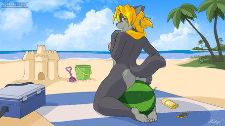 4_toes anthro barefoot beach biped blonde_hair blue_eyes breasts bucket butt container electronics feet female food fruit fur grey_body grey_fur hair looking_back melon nipples nude palm_tree phone plant raised_tail sand sand_castle sculpture seaside shovel sitting soles solo tail toes tools towel tree water watermelon helsy lafille canid canine canis mammal wolf 16:9 2018 digital_media_(artwork) hi_res shaded widescreen