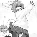 >_< >o< adolescent anthro ball baseball_(ball) baseball_(sport) baseball_bat bat_(object) blush bottomwear bow_(feature) bow_tie clothed clothing curled_tail duo eyebrows eyes_closed fangs female fence fur hair happy head_hit kemono long_ears motion_path object_motion_path open_mouth pawpads ribbons ricochet school_uniform shirt short_hair skirt smile sport sweater tail teeth text topwear uniform young kikurage inukoro_(kikurage) kuroshiba_nagomi kusuda_korone canid canine canis domestic_dog mammal 1:1 digital_media_(artwork) japanese_text monochrome shaded