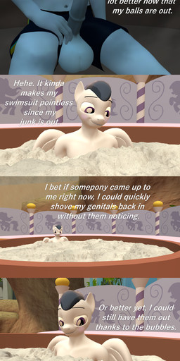 aged_up animal_genitalia animal_penis anthro aroused balls big_balls blush bubble clothing equine_genitalia equine_penis exhibitionism genitals hot_tub male navel nipples partially_submerged penis penis_poking_out shirtless solo suds swimwear text underwater water wings papadragon69 friendship_is_magic hasbro my_little_pony mythology rumble_(mlp) equid equine horse mammal mythological_creature mythological_equine pegasus pony 3d_(artwork) absurd_res comic digital_media_(artwork) english_text hi_res source_filmmaker_(artwork)