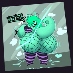 antennae_(anatomy) anthro areola big_areola big_breasts big_butt biped border breasts butt clothed clothing collar curled_tail eye_through_hair feet female fingers fishnet_clothing fishnet_legwear footwear gloves green_body green_hair green_tail hair handwear huge_breasts huge_butt laser legwear looking_back monotone_body one_eye_obstructed onomatopoeia purple_border rear_view socks solo sound_effects standing tail text thick_thighs translucent translucent_hair underwear wide_hips hornyicakes alien 1:1 2025 digital_drawing_(artwork) digital_media_(artwork) hi_res