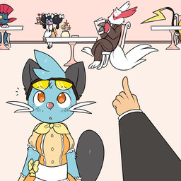 alternative_fashion anthro black_body black_fur blue_body blue_fur blush cafe chair classic_lolita clothed clothing eyewear female fur furniture gesture group hand_gesture j-fashion lolita_(fashion) maid_cafe maid_uniform male pointing red_body red_fur serving_tray sunglasses surprised table thinking thoughtful_expression uniform whiskers white_body white_fur yellow_body kipaki nintendo pokemon jaki-kun_(character) dewott generation_1_pokemon generation_3_pokemon generation_4_pokemon generation_5_pokemon gothorita pokemon_(species) raichu weavile zangoose 1:1 colored hi_res