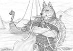 anthro armor biped boat chainmail hair long_hair longship male melee_weapon midgardian nordic norse shield solo standing sword vehicle viking watercraft weapon simul canid canine canis domestic_dog elkhound jamthund mammal spitz 2010 monochrome