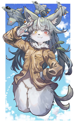 5_fingers ahoge aircraft airplane anthro black_nose blue_body blue_fur blue_hair blush border bottomless bottomless_anthro bottomless_male cheek_tuft closed_smile clothed clothing cloud cute_fangs detailed_background facial_tuft fangs featureless_crotch femboy fingerpads fingers forked_tail fur gesture hair hand_in_pocket heterochromia inner_ear_fluff jacket jet kemono long_hair looking_at_viewer male male_anthro mouth_closed pawpads pink_pawpads pockets red_eyes salute sky smile solo tail teeth text topwear tuft unusual_anatomy unusual_tail vehicle whiskers white_body white_border white_fur yellow_eyes iepelppa japan_air_self-defense_force omaneko_(jasdf) domestic_cat felid feline felis mammal 2023 absurd_res digital_media_(artwork) hi_res