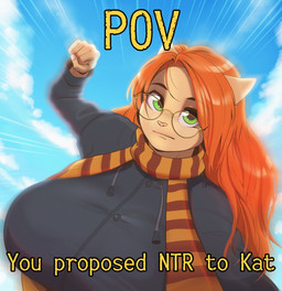 animal_ears anthro big_breasts breasts clothed clothing cloud detailed_background eyebrows eyewear female fingers glasses hair huge_breasts mouth_closed orange_hair outside punch pupils scarf sky solo white_sclera galacticmichi katrina_fowler domestic_cat felid feline felis mammal hi_res