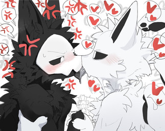 annoyed anthro black_body black_fur black_inner_ear black_inner_ear_fluff black_pawpads black_sclera black_tongue blush blush_lines bodily_fluids cheek_tuft chest_tuft clothing coat cross-popping_vein duo_focus facial_tuft french_kissing fur gas_mask grey_tongue group hand_holding head_tuft heart_symbol inner_ear_fluff interspecies kissing lab_coat looking_at_another looking_at_partner male male/male mask narrowed_eyes pawpads saliva saliva_on_tongue saliva_string simple_background speech_bubble sweat tentacles tongue topwear trio tuft wearing_mask white_background white_body white_eyes white_fur o44chan changed_(video_game) dr._k_(changed) puro_(changed) squid_dog_(changed) aquatic canid canine canis cephalopod coleoid decapodiform domestic_dog goo_creature hybrid mammal mollusk squid wolf 2026 digital_drawing_(artwork) digital_media_(artwork) hi_res