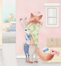 anthro balloon barefoot blep building clothed clothing crate dipstick_ears dipstick_tail ear_markings feet female fur group inflatable interrobang looking_at_viewer male markings multicolored_ears multicolored_tail orange_body orange_fur outside pawpads plant police police_uniform purple_eyes street tail tail_markings tongue tongue_out uniform window hb_runo runo disney zootopia finnick_(zootopia) judy_hopps nick_wilde canid canine fennec_fox fox lagomorph leporid mammal rabbit red_fox true_fox 2019
