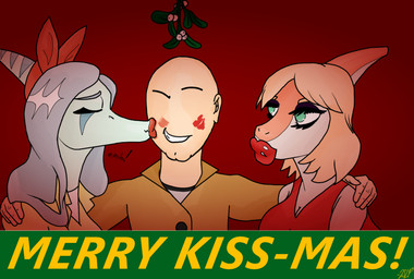 anthro arm_around_shoulders bald biped blonde_hair blue_body bone_frill clothed clothed_anthro clothed_female clothed_human clothed_male clothing eyebrows eyes_closed female ffm fingers frill_(anatomy) green_eyes grey_hair group hair holidays holly_(plant) human_on_anthro humanoid_hands interspecies jacket kiss_mark kissing_cheek lips lipstick long_hair makeup male male/female markings medium_hair orange_body plant raised_inner_eyebrows red_background red_clothing red_lipstick red_topwear simple_background smile smirk smug striped_markings stripes text thick_lips topwear trio white_body yellow_clothing yellow_jacket_(clothing) yellow_topwear 2sleepee cavemanon_studios christmas goodbye_volcano_high ko_op_(game_developer) snoot_game anon_(snoot_game) fang_(gvh) naomi_(gvh) dinosaur hadrosaurid human mammal ornithischian ornithopod parasaurolophus prehistoric_species pterosaur reptile scalie 2025 artist_name colored english_text hi_res