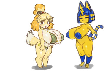 :3 animal_ears areola areola_slip bangs big_areola big_breasts big_nipples bikini blonde_hair blue_areola blue_ears blue_hair blue_nipples blush blush_stickers breasts brown_eyes cat_tail clothed clothing duo eyelashes female fluffy fluffy_tail fur green_bikini green_clothing green_swimwear hair hair_bun huge_breasts long_eyelashes markings nipples nude open_mouth partially_clothed paws pupils short_hair side-tie_bikini simple_background snout standing string_bikini striped_markings striped_tail stripes swimwear tail tail_markings triangle_nose two-piece_swimsuit white_background white_pupils yellow_body yellow_fur yellow_inner_ear ebora animal_crossing nintendo ankha_(animal_crossing) isabelle_(animal_crossing) canid canine felid feline mammal 2026 absurd_res hi_res