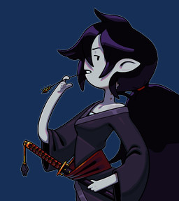 4_fingers asian_clothing bite_mark bite_mark_on_neck black_hair breasts clothed clothing east_asian_clothing fanged_bite_mark fanged_bite_mark_on_neck female fingers grey_body grey_skin hair humanoid_pointy_ears japanese_clothing katana kimono long_hair melee_weapon not_furry object_in_mouth on_model pointy_ears ponytail solo sword toony weapon wheat wheat_in_mouth discount-supervillain adventure_time cartoon_network marceline_abadeer demon demon_humanoid humanoid hybrid mammal vampire alpha_channel digital_media_(artwork)