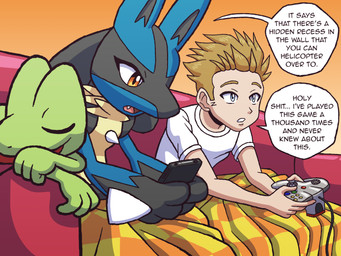 ambiguous_gender anthro bedding black_body black_fur blanket blonde_hair blue_body blue_eyes blue_fur clothing controller dialogue electronics feral fur furniture game_controller gaming group hair light_body light_skin male nintendo_controller orange_eyes phone shirt sofa spikes teeth text topwear trio white_clothing white_shirt white_topwear retsgar nintendo pokemon matt's_lucario_(retsgar) matt's_treecko_(retsgar) matt_(retsgar) generation_3_pokemon generation_4_pokemon human lucario mammal pokemon_(species) treecko 4:3 english_text female_(lore) male_(lore)