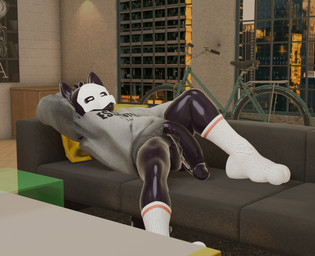 anthro clothing footwear furniture genitals hoodie inside lying_on_sofa male on_sofa penis socks sofa solo topwear bratzdev kabalmystic_(modeler) blender_(copyright) blender_eevee changed_(video_game) puro_(changed) canid canine humanoid mammal 3d_(artwork) digital_media_(artwork)
